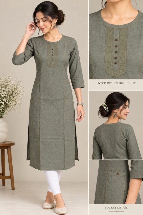 Women’s  Cotton Kurti Gray nk stitch details