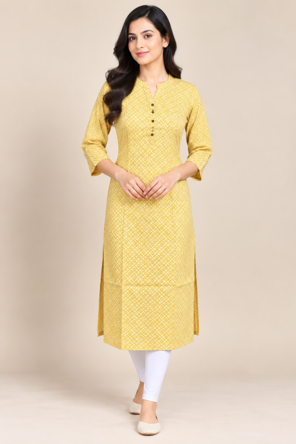Printed Mustard Color Cotton Straight Kurti (only)